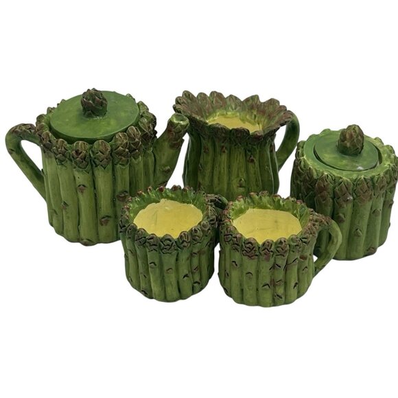 Vtg 90s Miniature Resin Asparagus Tea Set w/ Plate Mini Garden Cottage Dollhouse - Picture 11 of 12